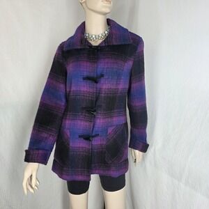 Coldwater Creek Wool Pea Coat Womens Small Y2k Purple Plaid Twee Toggle Jacket